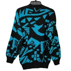 Vintage Sweaters Vintage 8s Black Metallic Teal Blue Abstract